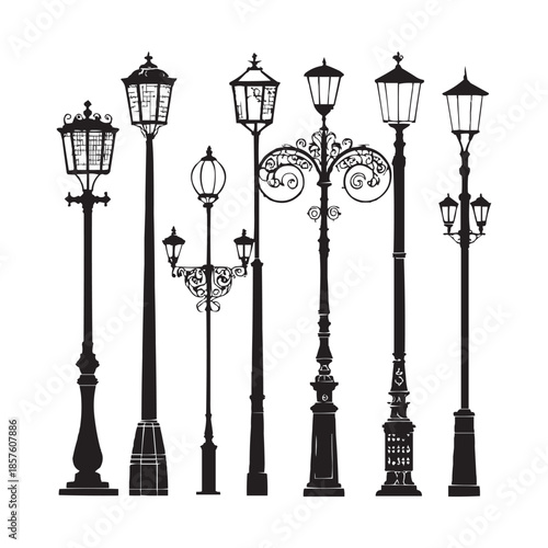 Vintage street lamp silhouettes on white background, Black vector silhouettes of various classic street lamps or lampposts, shown in a row against a clean white background