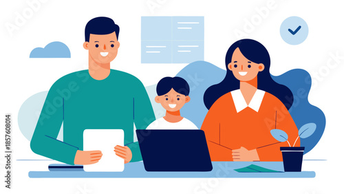 Family preparing tax return together at home