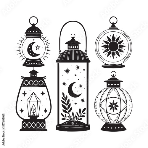 Decorative hanging lantern silhouettes with celestial and floral motifs on white background