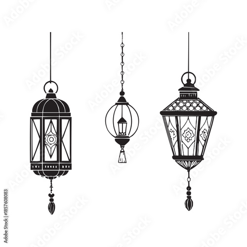 Decorative hanging lantern silhouettes with celestial and floral motifs on white background
