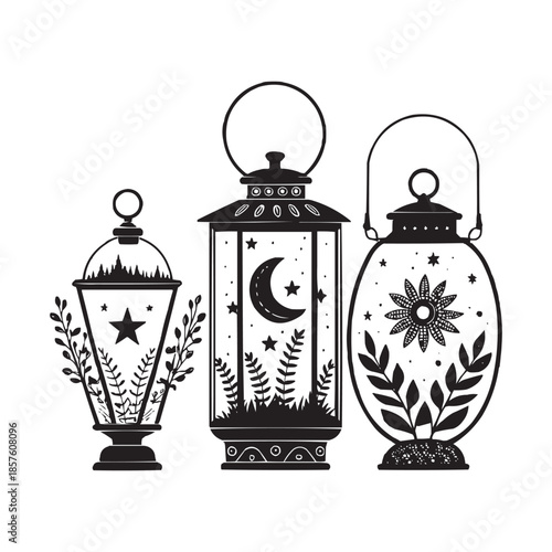 Decorative hanging lantern silhouettes with celestial and floral motifs on white background