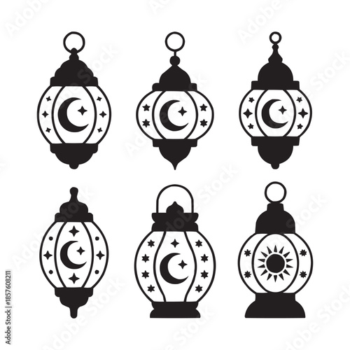 Six decorative lantern silhouettes with celestial motifs on white background