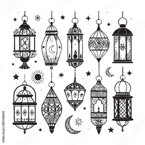 Ornate hanging lantern silhouettes with celestial motifs on white background
