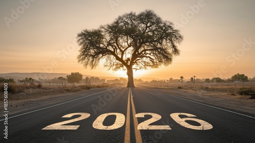 Lonely Tree on Road with 2026 Marking at Sunset