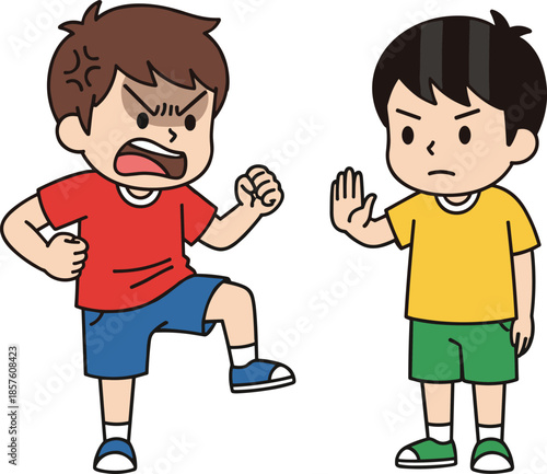 Illustration of angry boy arguing and shouting while another boy rejects conflict with stop gesture, cartoon children emotions and behavior concept