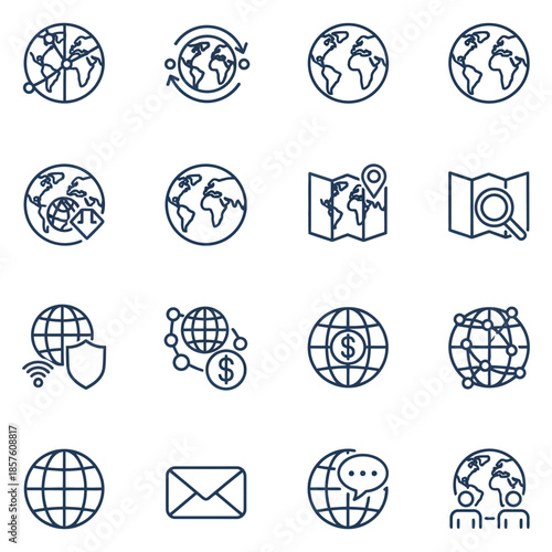 Set of blue abstract vector icons featuring round gear wheels and floral star shapes in a seamless geometric pattern design for decorative art signs