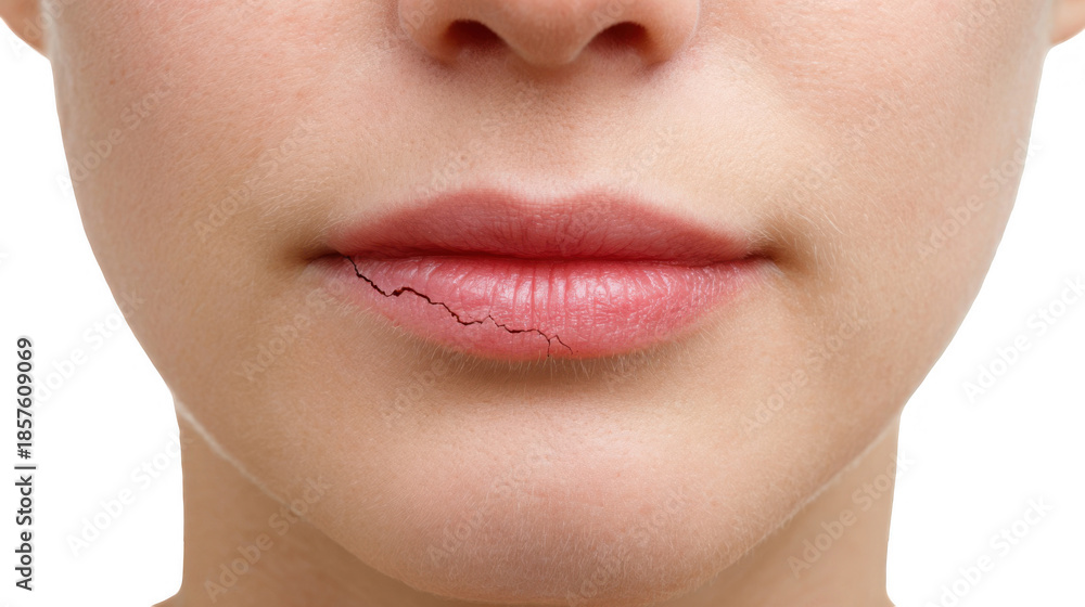 Obraz premium Close up of female lips suffering from dryness and cracking, highlighting the need for lip care and moisturizing treatment on a transparent background