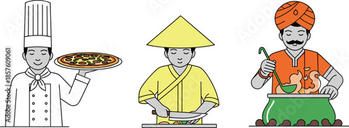 International chefs cooking traditional dishes with pizza, wok vegetables, and spicy curry, multicultural culinary illustration for food design and kitchen concepts