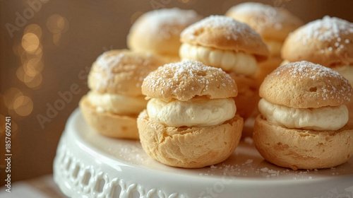 Cream puffs with powdered sugar on white cake stand