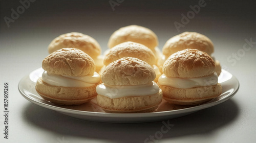 Plate of fresh cream puffs isolated on grey background