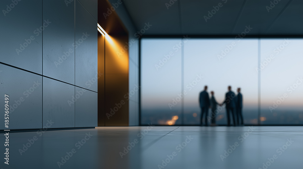 Fototapeta premium A group of silhouettes stand by a vast window, gazing at a cityscape below, bathed in the tranquil light of dusk, signifying collaboration, decision, or the contemplation of achievement.