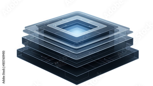 Futuristic layered square structure with glowing blue center and circuit board details, isolated on transparent background.