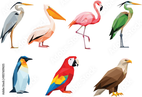 Low poly bird illustration collection featuring flamingo, pelican, parrot, penguin, eagle, heron, geometric wildlife art, colorful polygon vector set
