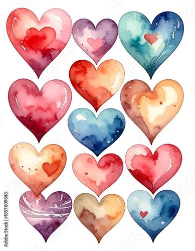 Watercolor hearts in varying colors, arranged on a white backdrop, giving a playful, artsy effect