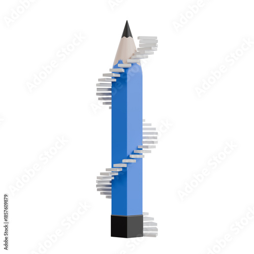 a vertical blue pencil centered with a white spiral staircase. Creative conceptual illustration for education and success isolated on transparent background.