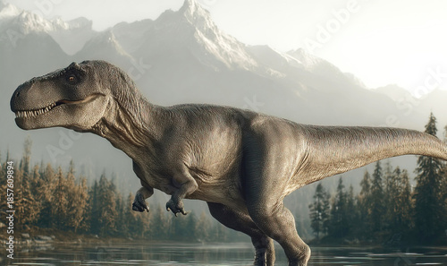 Carcharodontosaurus roams a primeval landscape of lakes forests and mountains