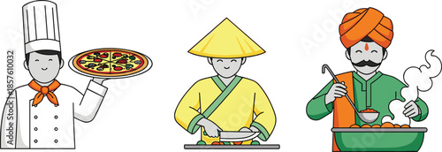 Illustration of international chefs cooking traditional foods, including Italian pizza chef, Asian cook preparing vegetables, and Indian chef serving hot cuisine