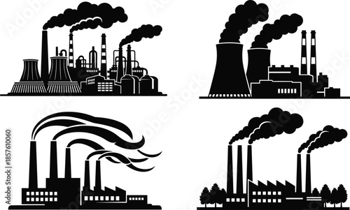 Industrial factory pollution silhouette set with smokestacks, power plant buildings, air pollution emissions, heavy industry infrastructure and environmental impact concept
