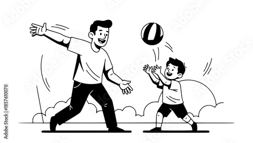Father and son playing ball together, vector flat design, dynamic pose, minimal background