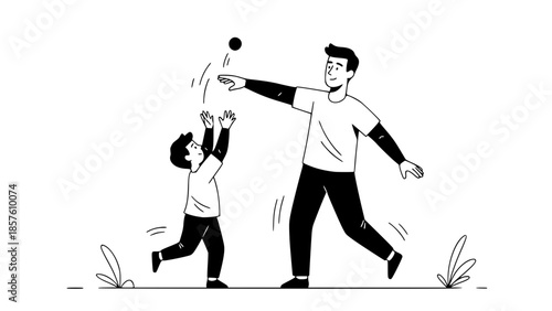 Father and son playing ball together, vector flat design, dynamic pose, minimal background