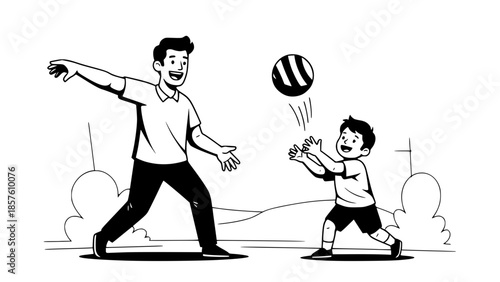 Father and son playing ball together, vector flat design, dynamic pose, minimal background