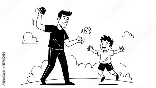 Father and son playing ball together, vector flat design, dynamic pose, minimal background
