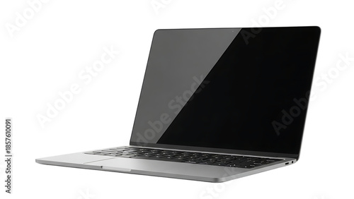 Modern silver laptop computer open with blank screen, isolated on transparent background