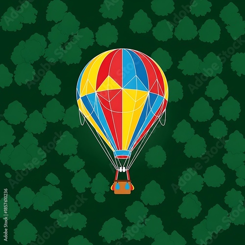 Vibrant primary color hot air balloon floats above a dense, stylized forest canopy illustration