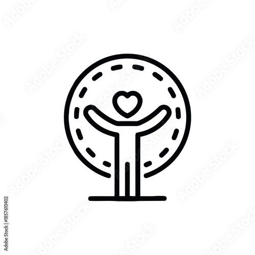 Embrace of well-being: The artwork portrays a figure, embodying health and happiness with arms outstretched, cradled within a circle, and crowned by a heart, symbolizing well-being.