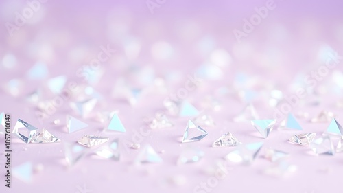Scattered faceted gems and pearls on soft lavender background crystals prisms