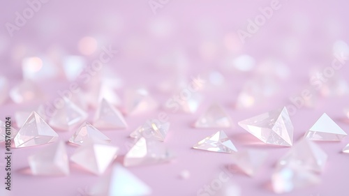 Scattered clear triangular prisms on soft pink surface crystal geometric