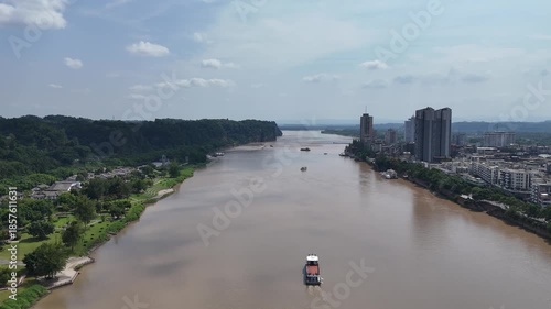 Aerial View of Min Jiang River at Leshan, Sichuan Province, China