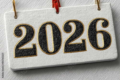 A close-up of a white card with the year 2026 written in large black and gold numbers.