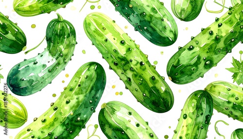 Watercolor illustration arrangement of green pickles with bumpy textures, on a white background with leafy accents