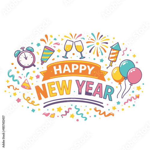 Happy New Year Cartoon Celebration Vector Illustration