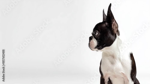 Cute Boston Terrier dog sitting on white studio background, close up portrait with big ears and copy space. Pet advertising, veterinary, adoption and animal care concepts