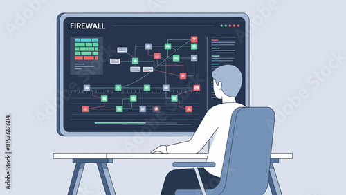 Man working on computer with firewall screen.