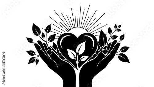 Caring Hands Forming Heart Shape Nurturing Young Plant with Radiant Sunrise on Isolated White Background