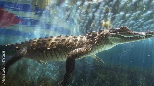 A majestic crocodile swimming gracefully in clear waters, showcasing its powerful presence.