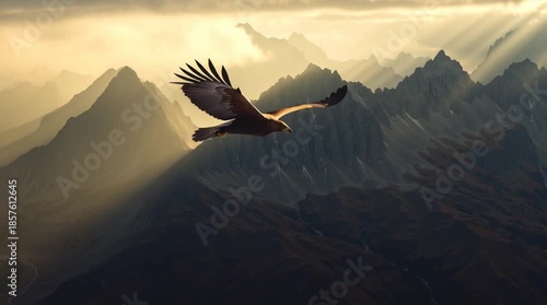 Eagle soaring majestically over majestic mountains under a dramatic sky.