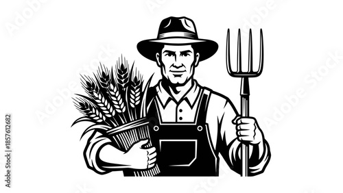 Diligent Male Farmer Holding Wheat Harvest and Pitchfork on Isolated White Background