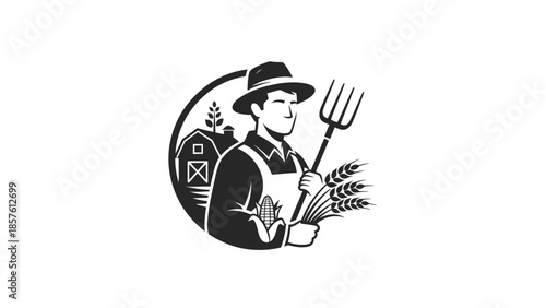 Farmer Holding Pitchfork with Wheat and Corn Grains Representing Agriculture on Isolated White Background