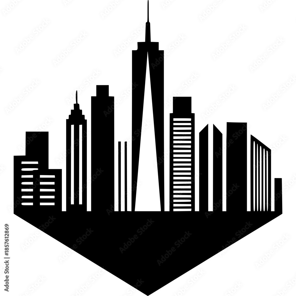 Fototapeta premium Skyline Silhouette: A graphic silhouette of a modern cityscape, featuring towering skyscrapers, clean lines, and architectural contrast, evoking a sense of urban energy and ambition.