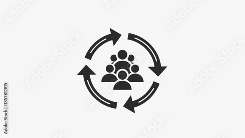 Group of diverse people icon encircled by dynamic arrows, symbolizing teamwork, collaboration, and a cyclical business process, in a bright studio background.