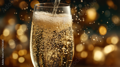 A glass of champagne is being poured with bubbles rising to the top in a festive setting
