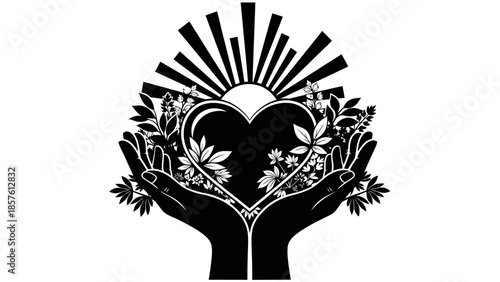 Caring hands cradling a heart with growing plants and radiating sun rays, symbolizing nature, growth, and environmental care, on an isolated white background.