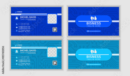 Modern technology business card template with qr code blue corporate double sided design