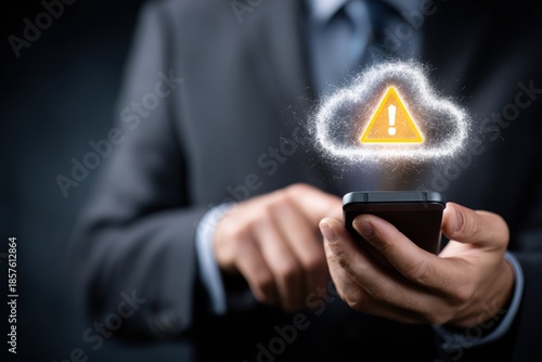 Businessman interacts with phone showing glowing cloud warning symbol.
