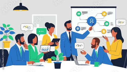 Business team collaborating on a strategy presentation in a modern office setting.