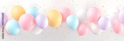 A colorful bunch of balloons floating in the air with confetti